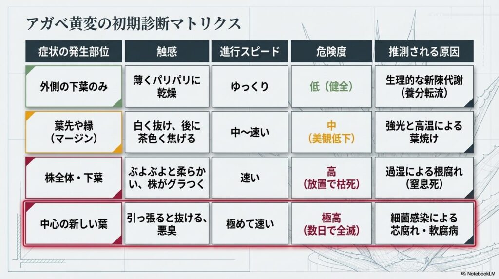 アガベの黄変に関する初期診断表。症状の部位、質感、進行スピード、危険度、推測される原因のまとめ。