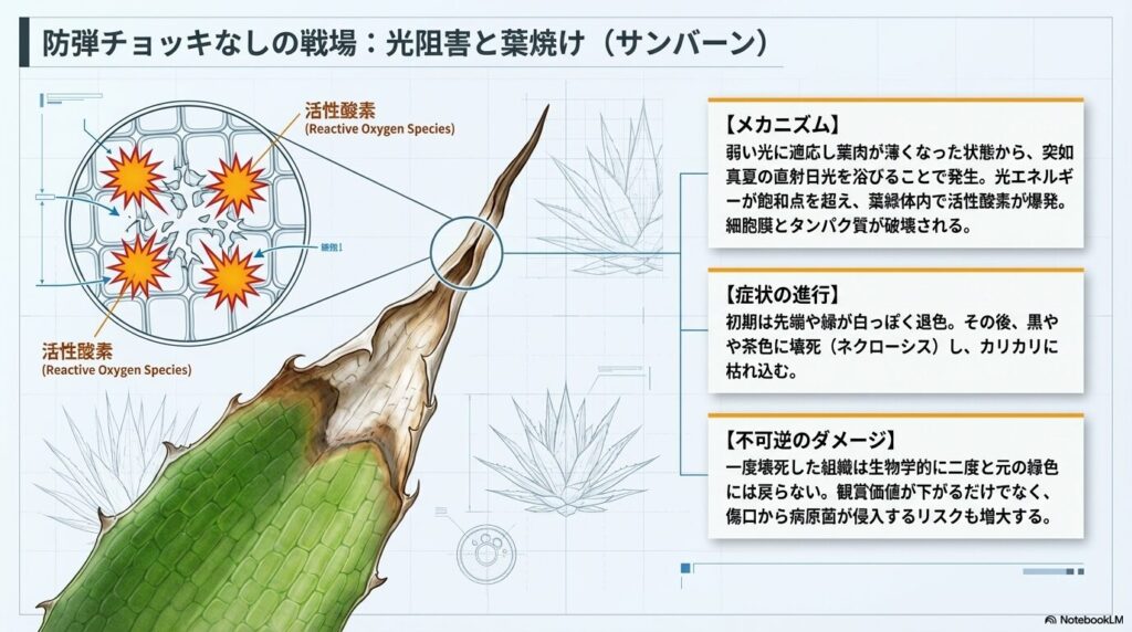 アガベの葉焼け（サンバーン）のメカニズム図解。活性酸素による細胞破壊と壊死（ネクローシス）の解説。