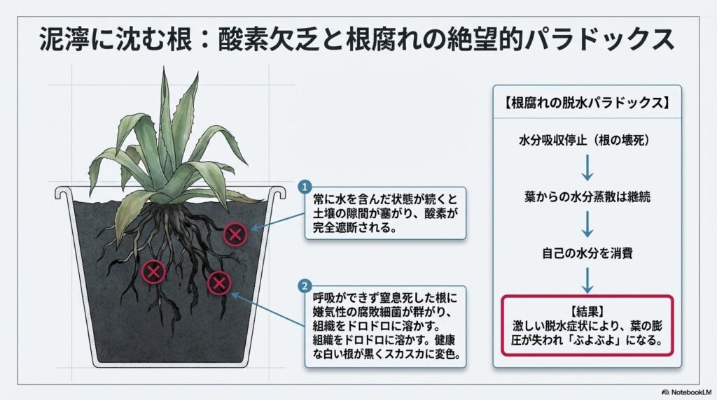 アガベの根腐れの図解。酸素欠乏で窒息した根が腐敗し、水分吸収が停止して葉がぶよぶよになる仕組み。