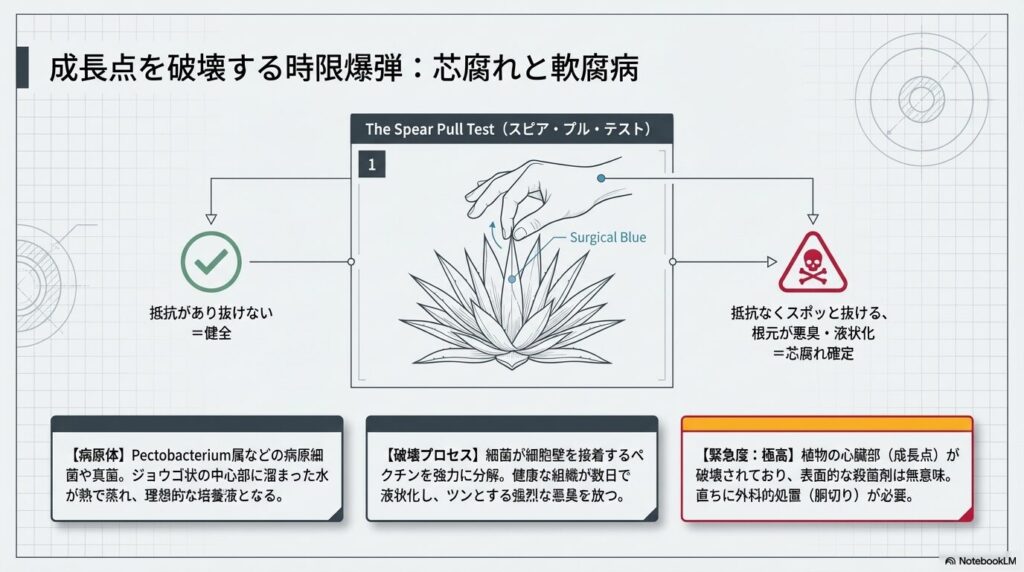 アガベのスピアプルテスト（Spear Pull Test）の手順図。中心の葉が抵抗なく抜ける芯腐れの確定診断。