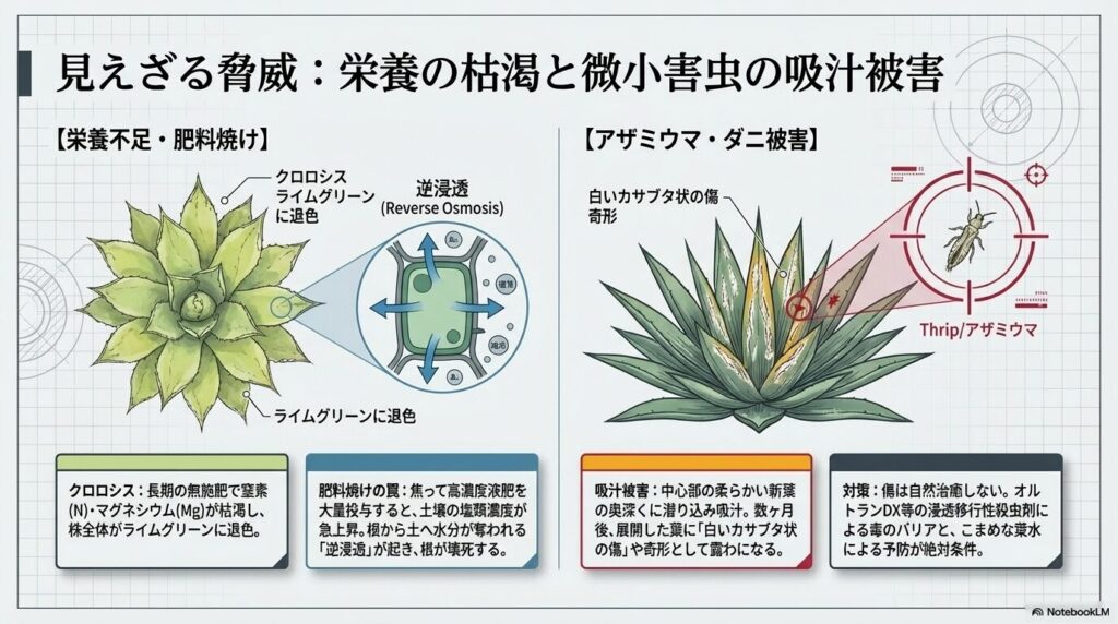 アガベのアザミウマ（スリップス）被害の図。成長点の奥深くに潜む害虫と、展開後の白いカサブタ状の傷。