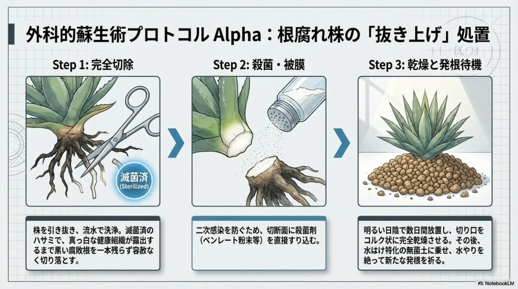 アガベの根腐れ株の抜き上げ処置。腐敗根を滅菌ハサミで切除し、殺菌剤を塗布して乾燥させる手順。