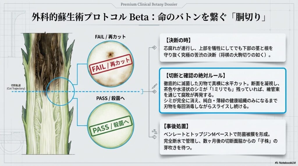 アガベの胴切り（水平カット）のガイド図。断面のシミを完全に除去する「PASS/FAIL」の診断基準。