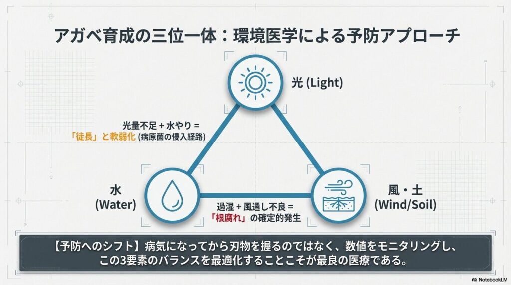 アガベ育成の三位一体。光、水、風・土の3要素のバランス崩壊が、徒長や根腐れを引き起こす概念図。