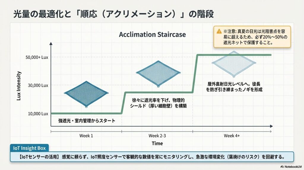 アガベの光量順応（アクリメーション）の階段グラフ。週ごとに遮光率を下げ、50,000ルクス以上の直射日光へ慣らす手順。