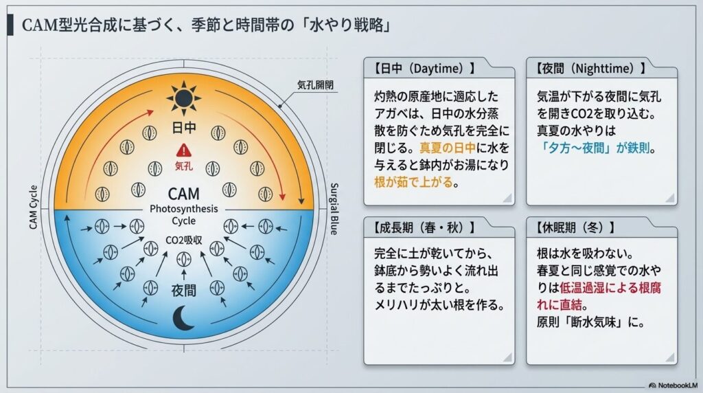 アガベのCAM型光合成サイクル図。夜間に気孔を開きCO2を吸収する特性に合わせた、真夏の夜間水やりの推奨。