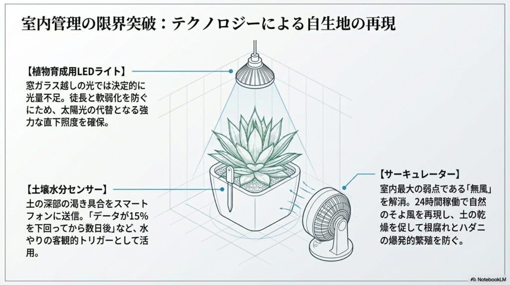 室内栽培を支える3つの三種の神器（LEDライト、土壌水分センサー、サーキュレーター）の解説図。