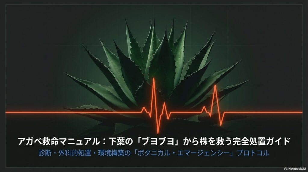 アガベのシルエットと心電図の波形が重なるイメージ画像。下葉のブヨブヨから株を救う完全処置ガイドのタイトル。