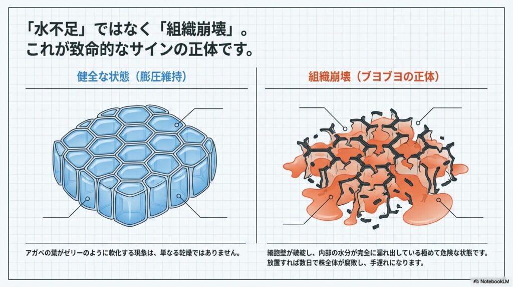 健全な植物細胞の膨圧維持状態と、組織崩壊により水分が漏れ出している状態の比較イラスト図解。