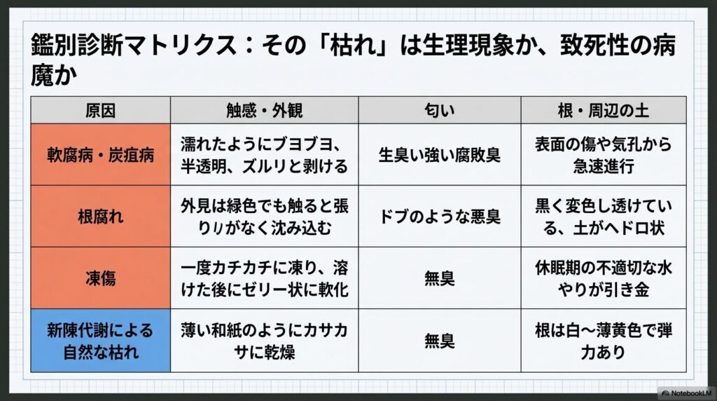 軟腐病、根腐れ、凍傷、自然な枯れの違いを「触感・外観・匂い・根の状態」で比較した診断表。