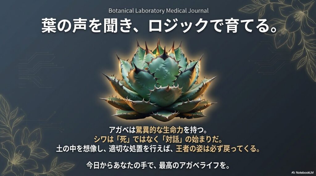 発根管理と環境改善により健康を取り戻し、しわしわが解消されてパンと張った美しい姿のアガベ