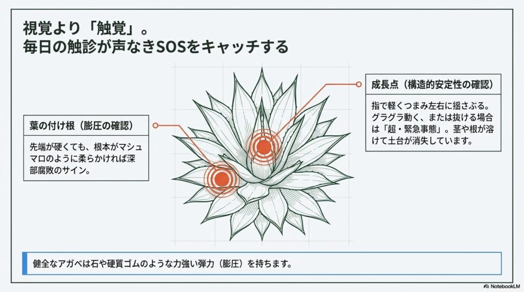 アガベの葉の付け根と成長点を触診するポイントを示したイラスト。膨圧の確認と構造的安定性のチェック方法。