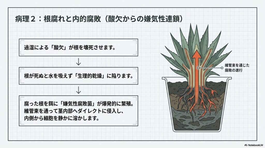 過湿による酸欠で根が壊死し、嫌気性腐敗菌が維管束を通って茎内部へ侵入するメカニズムの図解。