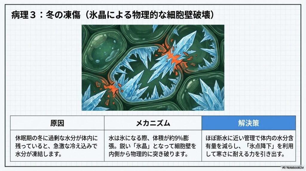 植物細胞内部で水分が凍結し、鋭い氷晶が細胞壁を物理的に突き破る凍傷(凍害)の顕微鏡イメージ図。