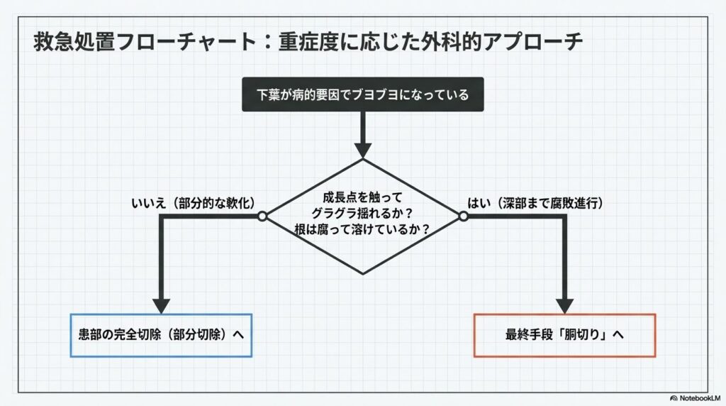 成長点のグラつきや根の状態を基準に「部分切除」か最終手段の「胴切り」かを選択する判断フローチャート。
