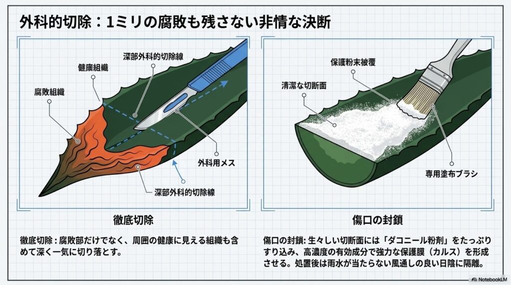 腐敗組織を深く切り落とす外科的切断線と、断面にダコニール粉剤を専用ブラシで塗布する手順の図解。