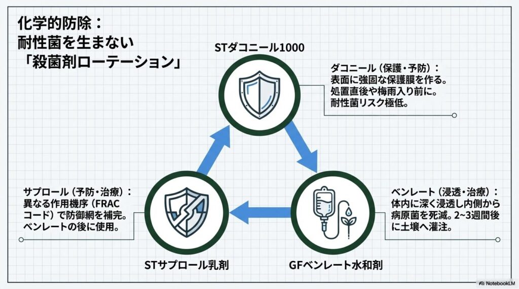 ダコニール(保護)、ベンレート(浸透・治療)、サプロール(補完)の役割とローテーション散布の重要性を示す図解。