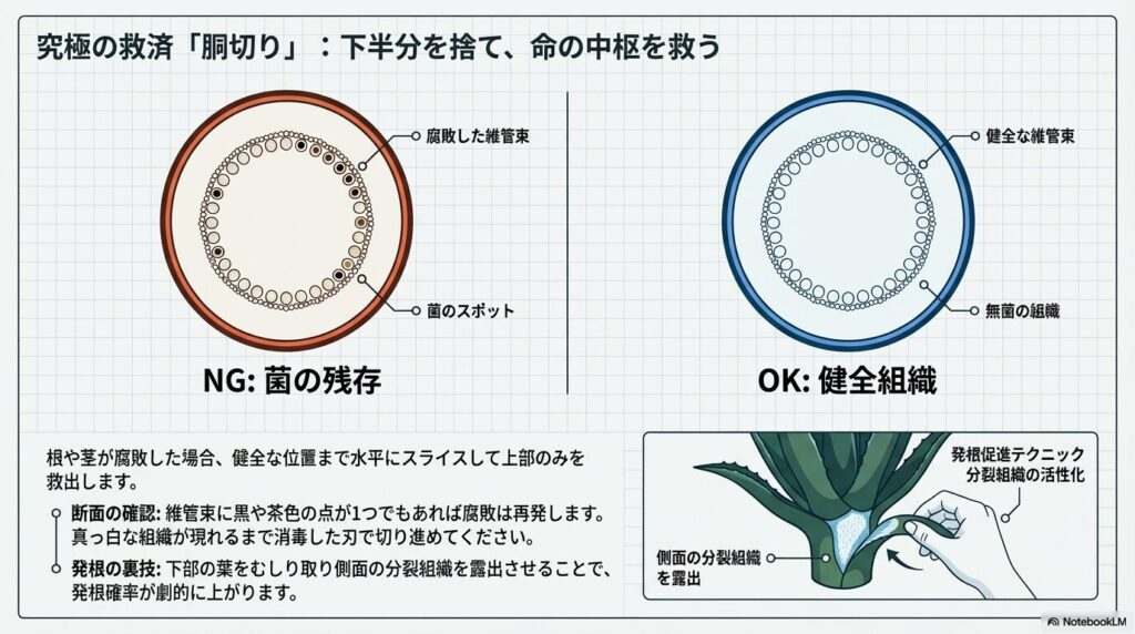 断面の維管束の状態(OK/NG)の比較と、下葉をむしり取って側面の分裂組織を露出させる発根促進テクニックの図解。