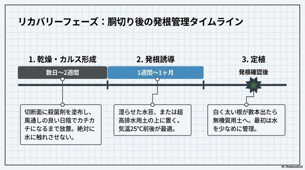 胴切り後の「乾燥・カルス形成(数日〜2週間)」「発根誘導(1週間〜1ヶ月)」「定植」の3ステップを表したタイムライン。