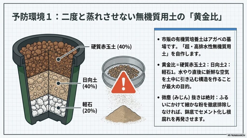 硬質赤玉土(40%)、日向土(40%)、軽石(20%)の層状のイメージと、微塵抜きの重要性を強調した用土配合の図解。