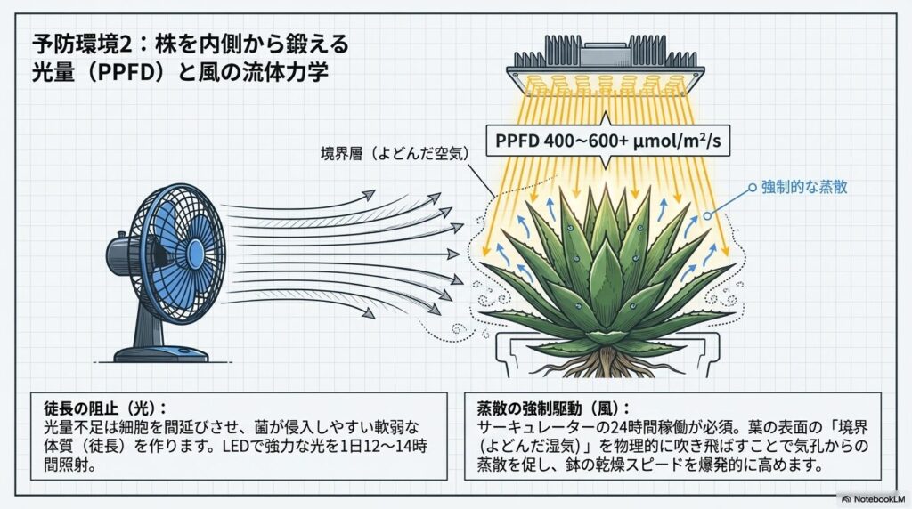 LEDライトによるPPFD管理と、サーキュレーターが葉面の境界層(よどんだ空気)を吹き飛ばし、強制的な蒸散を促すメカニズムの図解。
