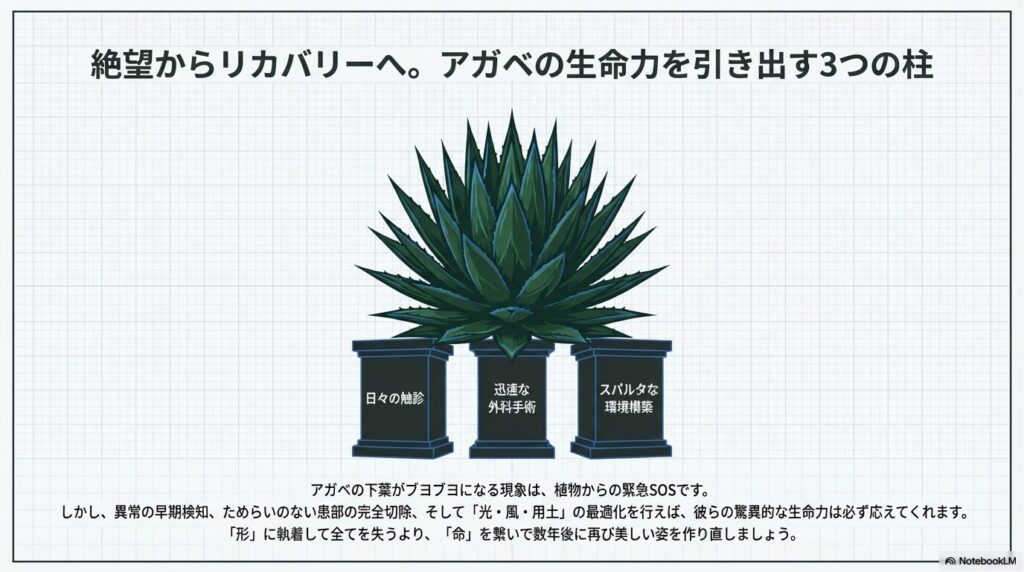 「日々の触診」「迅速な外科手術」「スパルタな環境構築」の3つの石柱の上に立つアガベのイメージ画像。