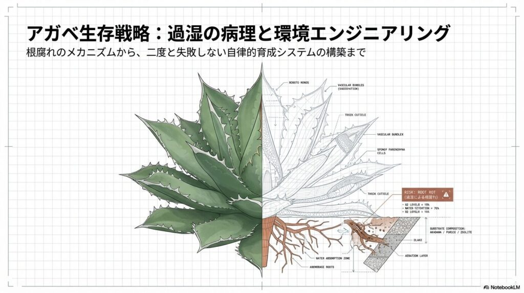 アガベの断面図と根系の構造イラスト。過湿による根腐れのリスクと排水性の高い用土配合の解説。