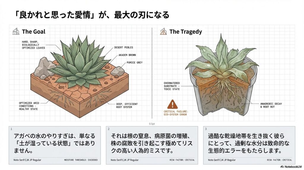 健康な状態のアガベと、水のやりすぎで根腐れを起こしたアガベの比較イラスト。