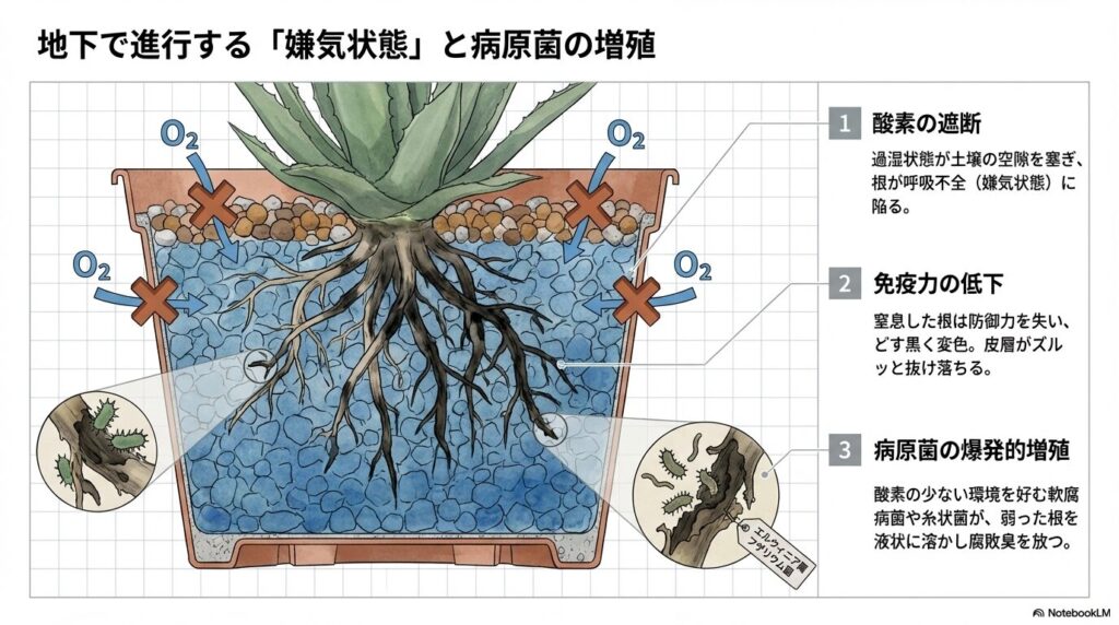 鉢の中で酸素が遮断され、エルウィニア属やフザリウム菌が増殖してアガベの根を腐らせるメカニズムの図解。