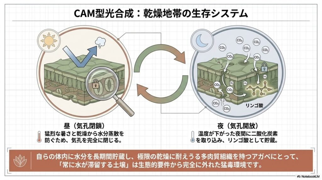 アガベのCAM型光合成の図解。昼に気孔を閉じ水分蒸散を防ぎ、夜に気孔を開いて二酸化炭素を取り込むサイクル。