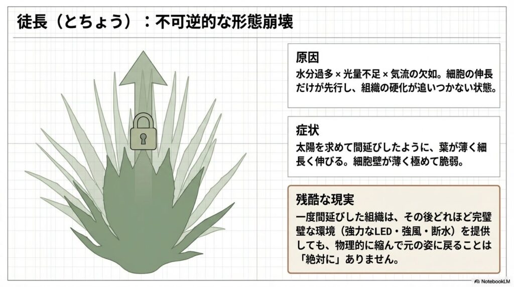 水分過多と光量不足により、アガベの葉が薄く細長く間延びしていく徒長現象のイラスト。