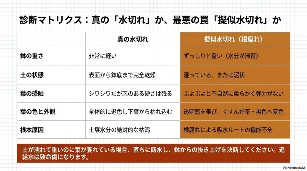 「真の水切れ」と根腐れによる「擬似水切れ」の症状（鉢の重さ、葉の感触、外観）を比較した診断表。