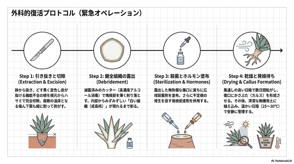 根腐れしたアガベを救うための4ステップ（引き抜き、切除、健全組織の露出、殺菌、乾燥）の図解。