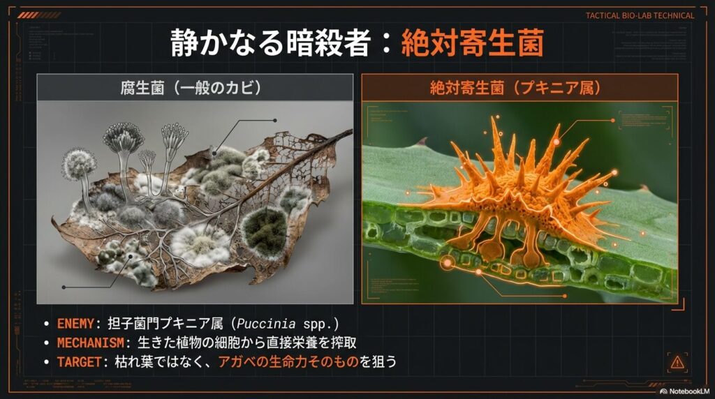 アガベの生きた細胞から直接栄養を搾取するさび病の原因菌（プキニア属）のメカニズム図解