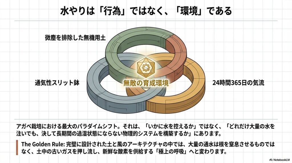 無機用土、通気性スリット鉢、24時間365日の気流が重なり合う「無敵の育成環境」のイメージ図。