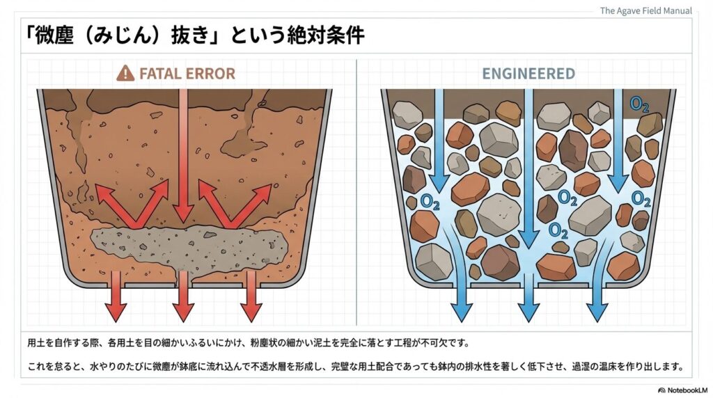 鉢底に溜まった微塵が不透水層を作る失敗例と、微塵を抜いた用土で酸素が循環する成功例の比較図。