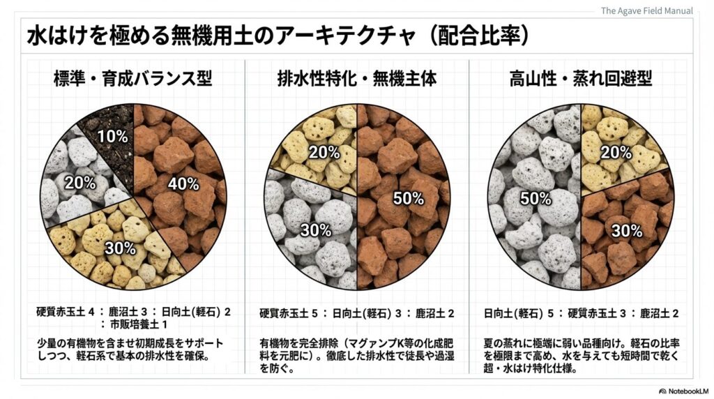 標準型、排水性特化型、高山性向けの3つのアガベ用土配合比率（赤玉土、鹿沼土、軽石、培養土）の円グラフ。