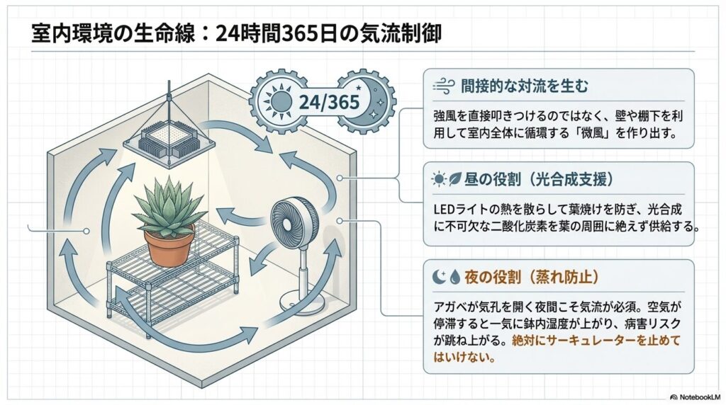 サーキュレーターで室内全体の空気を循環させ、LEDの熱を散らしつつ蒸れを防ぐ気流制御の図解。