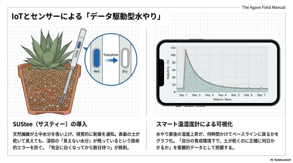 水やりチェッカー「SUStee（サスティー）」の変化と、スマート温湿度計による乾燥時間のグラフ化の図解。