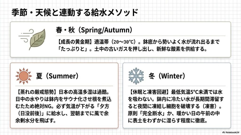 春・秋（成長期）、夏（蒸れ注意）、冬（休眠・凍害回避）ごとの最適な水やりタイミングと注意点の解説。