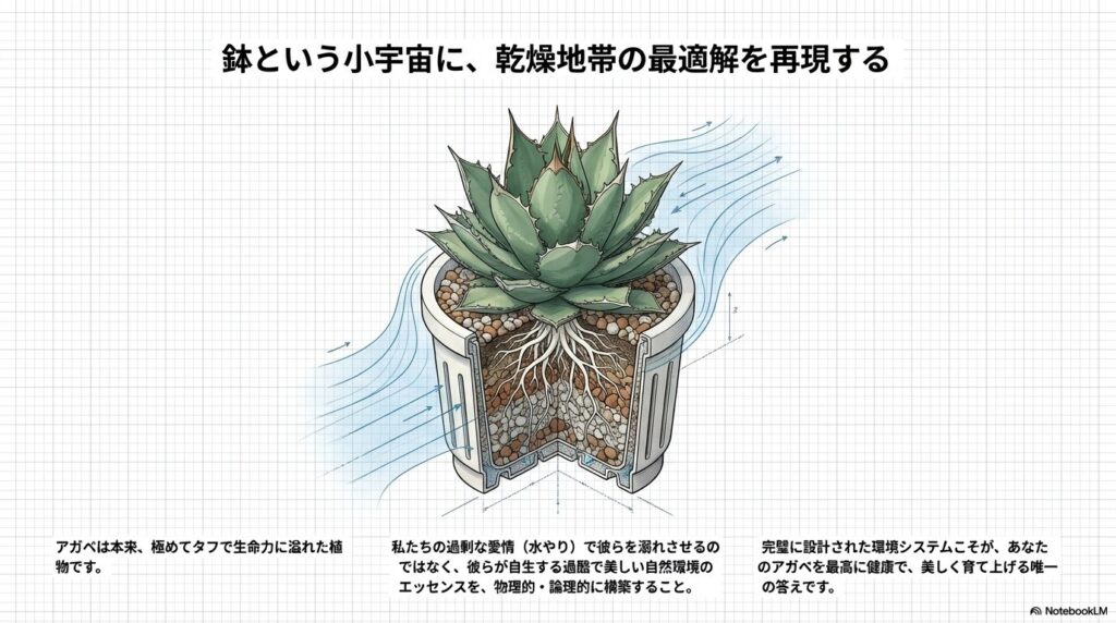 通気性の高い鉢に植えられ、適切な気流の中で健康な根を張る理想的なアガベのイラスト。