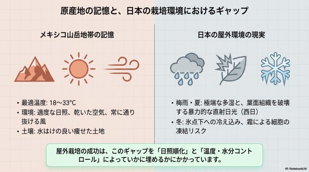 アガベアテナータの原産地であるメキシコ山岳地帯と日本の屋外栽培環境のギャップ比較
