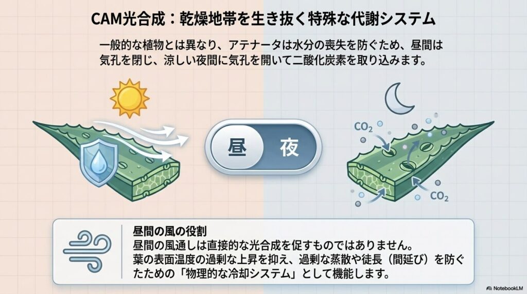 アガベアテナータが夜間に二酸化炭素を取り込むCAM光合成の仕組みと昼間の風の役割