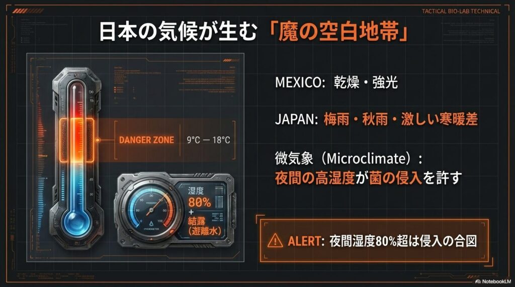 アガベのさび病が発生しやすい危険な気温（9度から18度）と湿度80%以上を示す温湿度計の警戒アラート