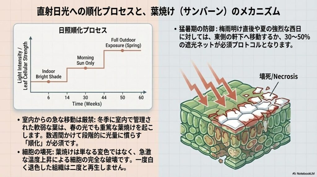 アガベアテナータを屋外の日光に慣らす順化プロセスグラフと細胞が壊死する葉焼けのメカニズム図解