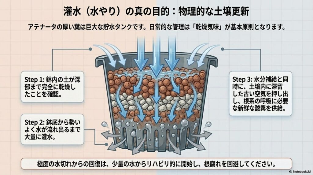アガベアテナータの土壌内の古い空気を押し出し新鮮な酸素を供給するたっぷりの水やりのメカニズム