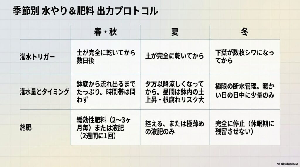 春夏秋冬の季節ごとに変えるアガベアテナータの水やりと肥料の頻度・量まとめ表