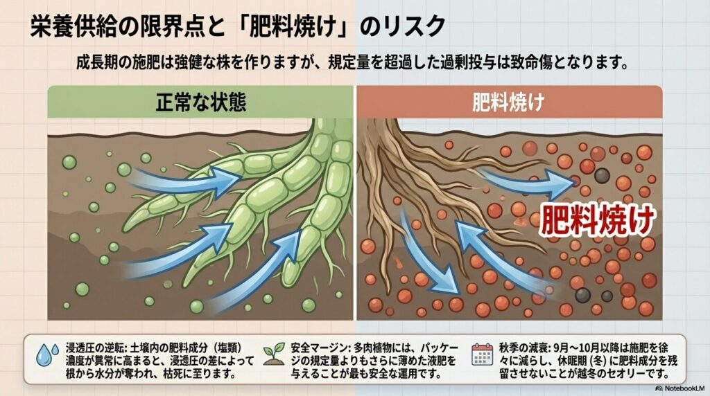 アガベアテナータへの過剰な肥料投与で浸透圧が逆転し根から水分が奪われる肥料焼けの仕組み