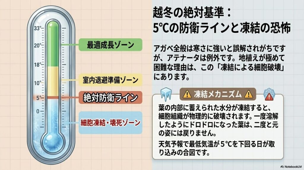 アガベアテナータの越冬における5℃の防衛ラインと細胞凍結リスクを示す温度計図解
