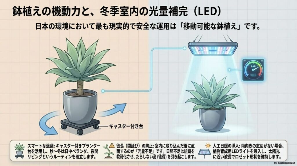 冬季にキャスター付き台で室内に退避させたアガベアテナータと植物育成用LEDライトによる光量補完